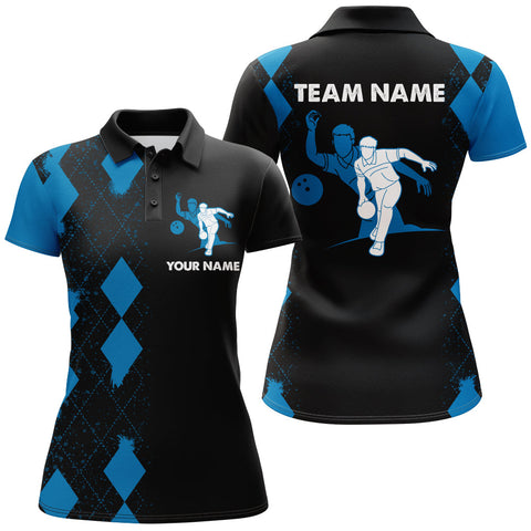 Personalized Bowling Shirt for Women, Custom Name Ladies Blue&Black Polo Team Shirt Bowling Girl NBP161