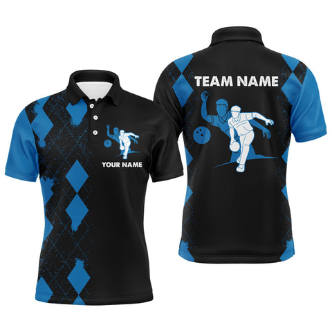 Personalized Bowling Shirt for Men, Custom Name Blue&Black Polo Bowler Team Shirt for Bowling Lover NBP161