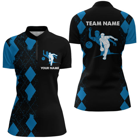 Personalized Bowling Shirt for Women Quarter-Zip, Custom Name Ladies Blue&Black Team Bowling Shirt  NBZ161