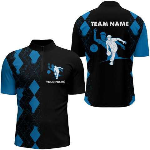 Personalized Bowling Shirt for Men Quarter-Zip, Custom Name Men Blue&Black Team Bowling Shirt  NBZ161