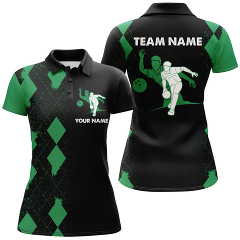 Personalized Bowling Shirt for Women, Custom Name Ladies Green&Black Polo Team Shirt Bowling Girl NBP162