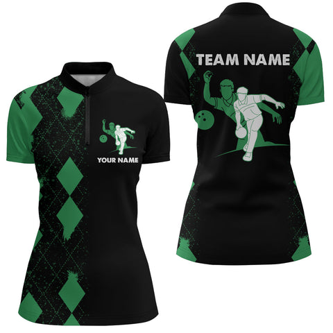 Personalized Bowling Shirt for Women Quarter-Zip, Custom Name Ladies Green&Black Team Bowling Shirt  NBZ162