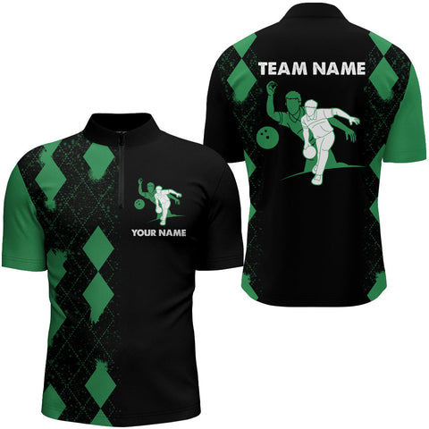 Personalized Bowling Shirt for Men Quarter-Zip, Custom Name Men Green&Black Team Bowling Shirt  NBZ162