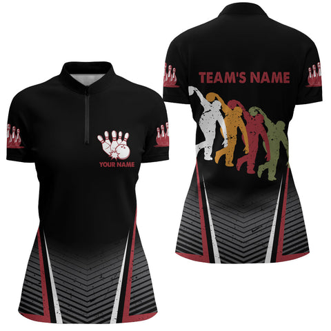 Custom Bowling Shirt for Women, Black Bowling Quarter-Zip for Team 3D Print, Gift for Bowler Ladies NBZ167