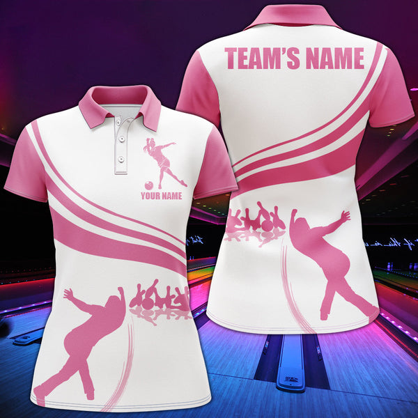 Personalized Bowling Polo Shirt for Women Pink Bowlers Custom Team Short Sleeves Jersey NBP104