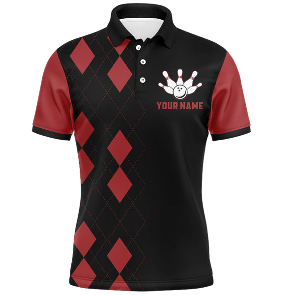 Funny Bowling Shirt for Men Personalized Name Black & Red Argyle Bowler Polo Jersey NBP115