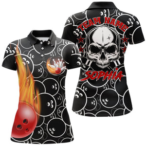 Personalized Women Polo Flame Bowling Shirt Cool Skull Pins Black Bowling Short Sleeve Women Bowlers NBP02