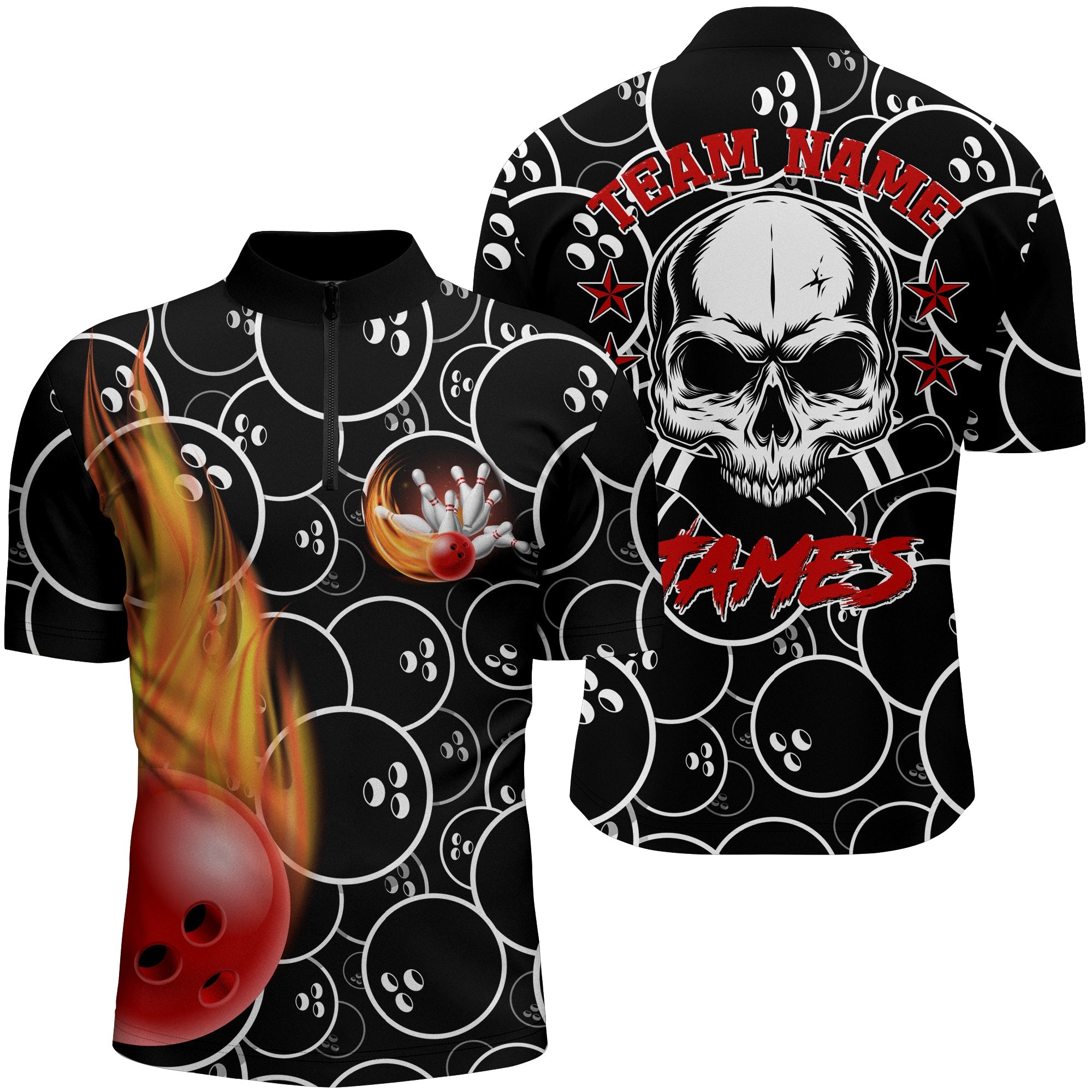 Custom Flame Bowling Shirt for Men, Quarter-Zip Bowling Shirt with Names, Skull Black Bowling Jersey NBZ02