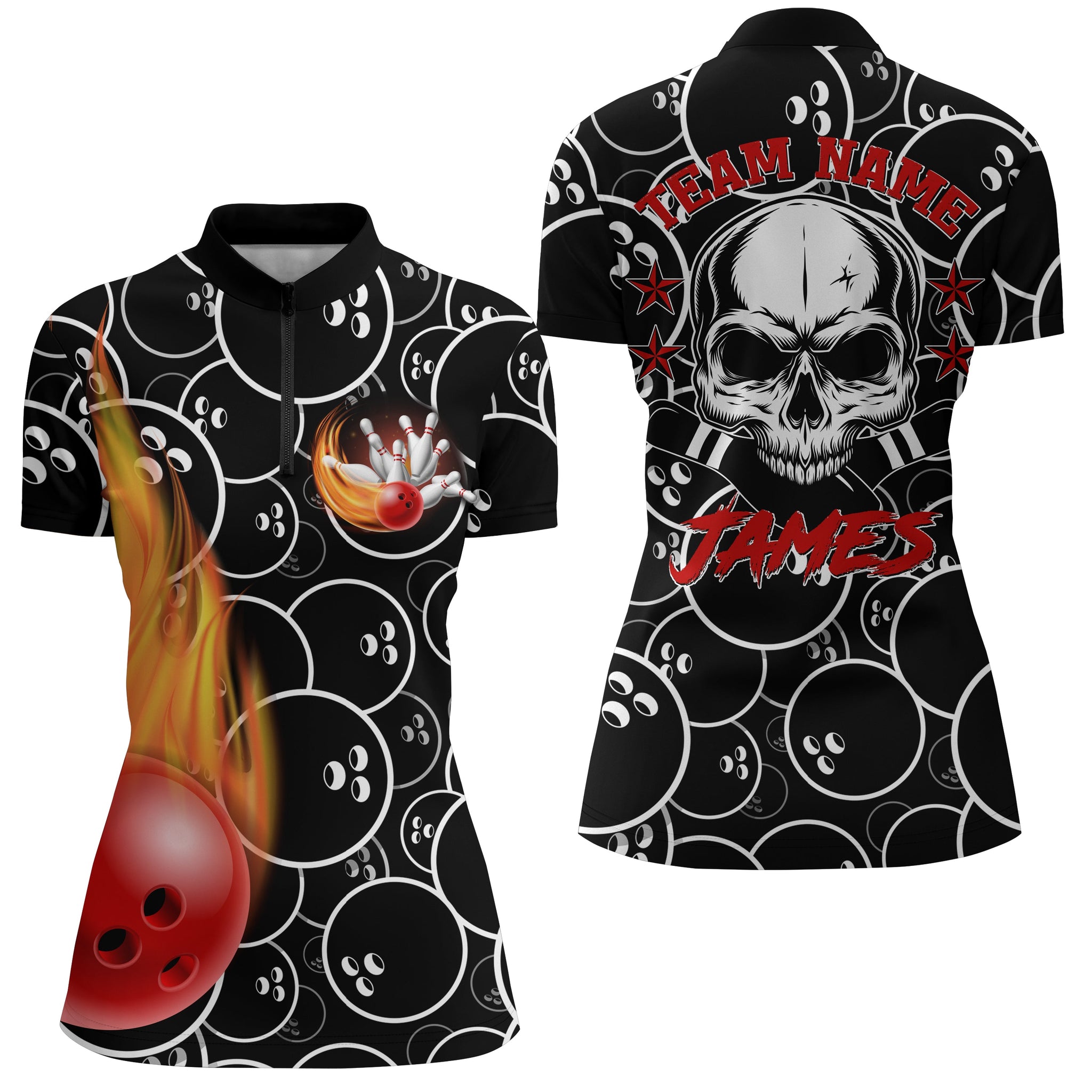 Custom Flame Bowling Shirt for Women, Quarter-Zip Bowling Shirt with Name, Skull Black Bowling Jersey NBZ02