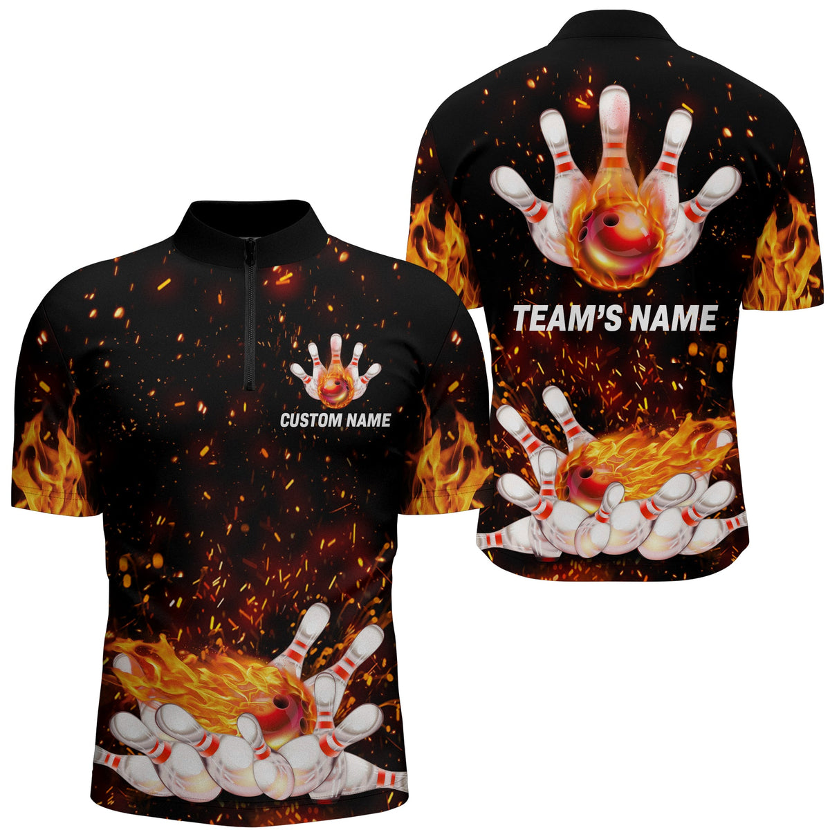 Flame Bowling Shirt for Men Quarter-Zip Shirt, Personalized Team Bowlers Jersey Short Sleeves NBZ65