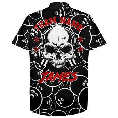 Personalized Flame Hawaiian Bowling Shirt, Men Women Skull Pins Black Bowlers Short Sleeve Jersey NBH02