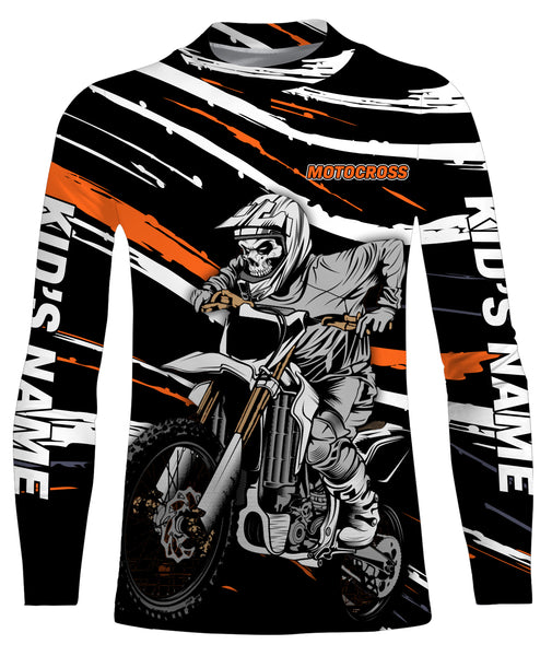 Motocross Personalized Jersey T-shirt UV Protect, Dirt Bike UPF 30+ Youth Long Sleeves Skull Biker| NMS363