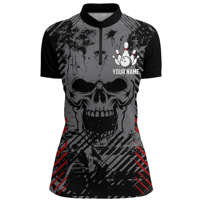 Personalized Skull Bowling Shirt for Women Custom Team's Name Bowling Jersey Lady Quarter-Zip Shirt NBZ126