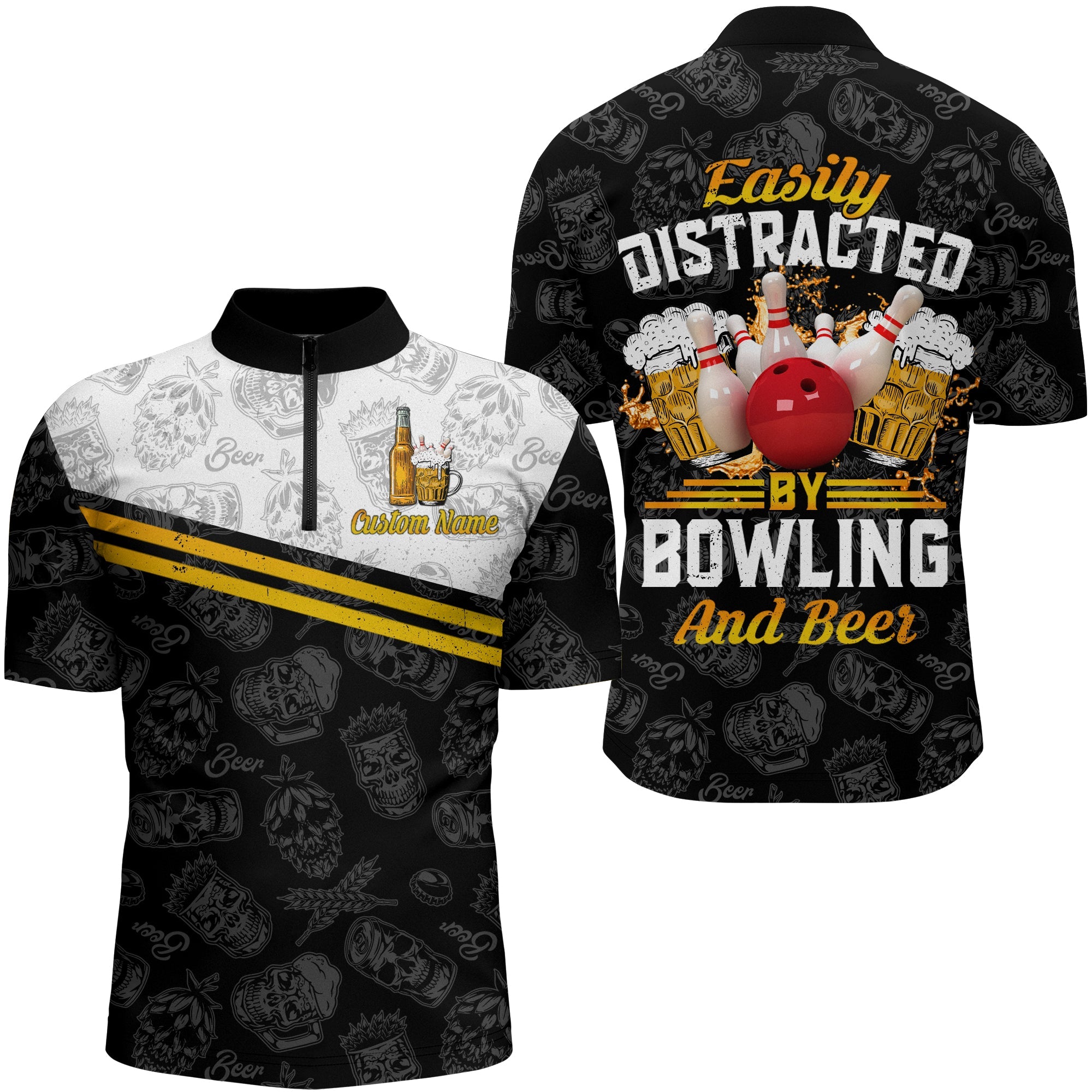 Funny Bowling Shirt for Men Easily Distracted By Bowling and Beer Custom Bowling Jersey Quarter-Zip NBZ112