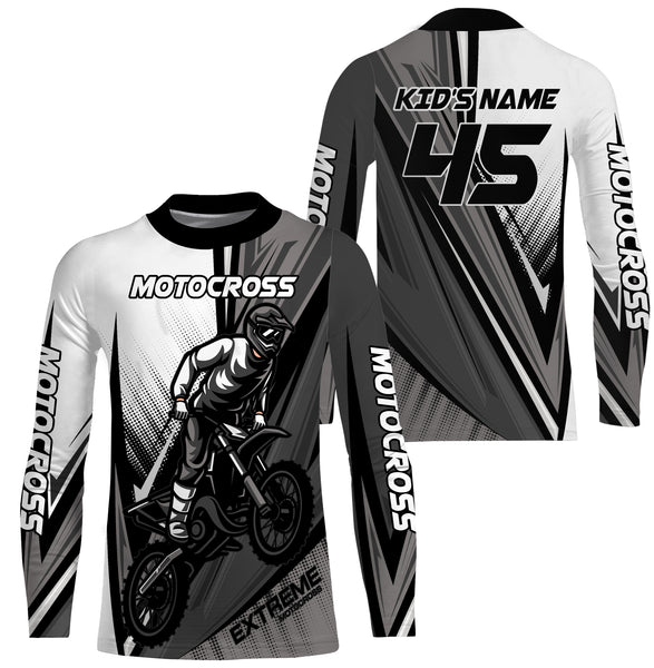 Personalized Motocross Jersey UPF 30+, Dirt Bike Motorcycle Off-Road Racing Youth Long Sleeves- Grey| NMS368
