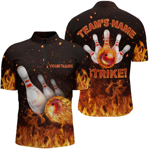 Custom Flames Bowling Shirt for Men, Quarter-Zip Strike Bowling Shirt for Team, Men's Bowling NBZ152