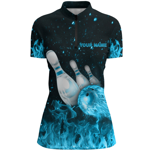 Custom Flames Bowling Shirt for Women, Strike Bowling Jersey for Team League Bowling Quarter-Zip NBZ179