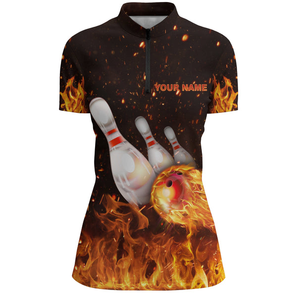 Custom Flames Bowling Shirt for Women, Quarter-Zip Strike Bowling Shirt for Team, Ladies Bowling NBZ152