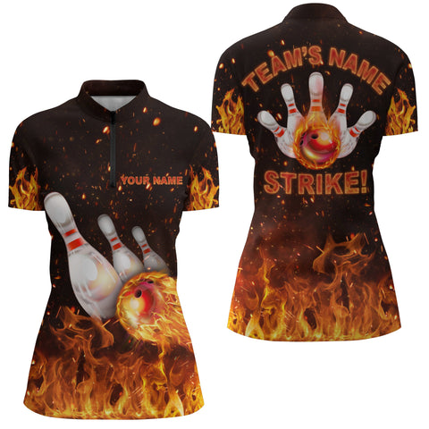 Custom Flames Bowling Shirt for Women, Quarter-Zip Strike Bowling Shirt for Team, Ladies Bowling NBZ152