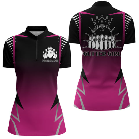 Custom Bowling Shirt for Women, Gutter Girl Pink Quarter-Zip Bowling Shirt Ladies Bowling Jersey NBZ154
