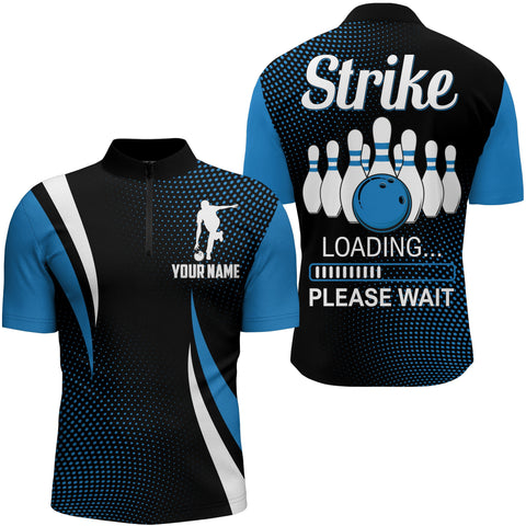 Funny Bowling Shirt for Men, Custom Name Strike Blue Bowling Shirt Quarter-Zip Men Bowling Jersey NBZ155