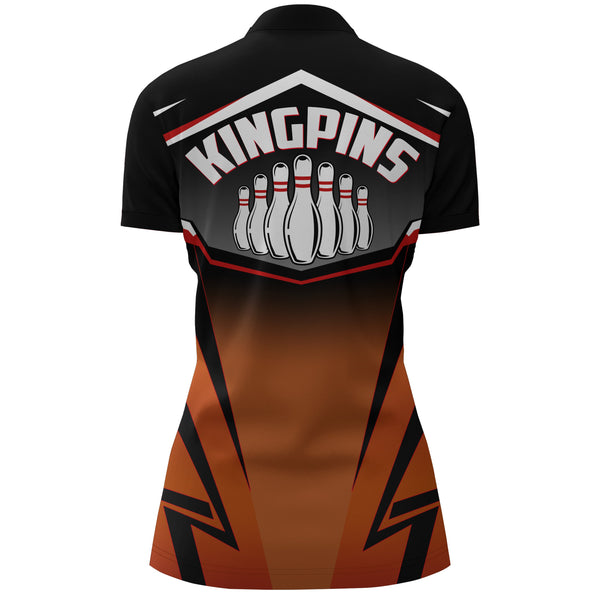 Custom Bowling Shirt for Women, Kingpins Orange Quarter-Zip Bowling Shirt with Name, Ladies Bowlers NBZ157