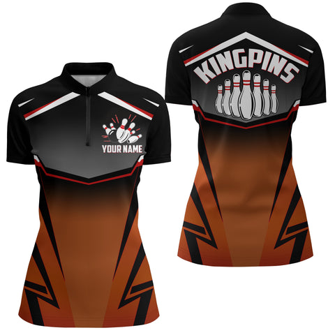 Custom Bowling Shirt for Women, Kingpins Orange Quarter-Zip Bowling Shirt with Name, Ladies Bowlers NBZ157