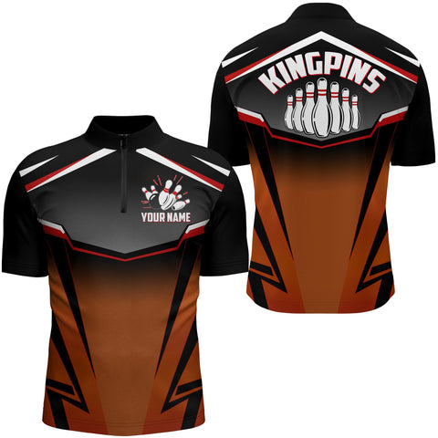 Custom Bowling Shirt for Men, Kingpins Orange Quarter-Zip Bowling Shirt with Name, Men Bowlers NBZ157