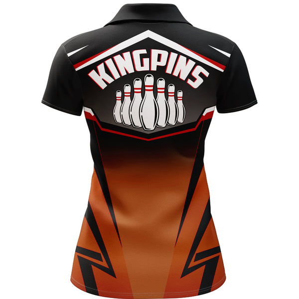 Custom Bowling Shirt for Women, Kingpins Orange Polo Bowling Shirt with Name, Ladies Bowlers Jersey NBP157