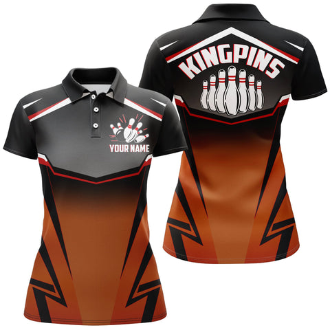 Custom Bowling Shirt for Women, Kingpins Orange Polo Bowling Shirt with Name, Ladies Bowlers Jersey NBP157