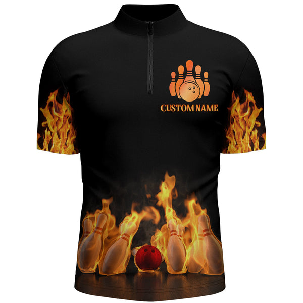 Custom Fire Bowling Shirt for Men, Flames Bowling Jersey with Name League Bowling Quarter-Zip Shirt NBZ174