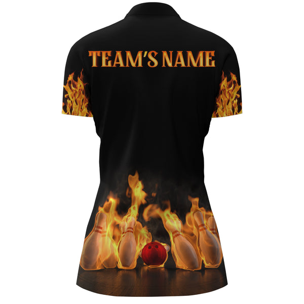 Custom Fire Bowling Shirt for Women Flames Bowling Jersey with Name League Ladies Quarter-Zip Shirt NBZ174