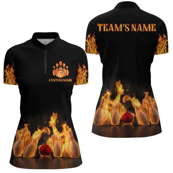 Custom Fire Bowling Shirt for Women Flames Bowling Jersey with Name League Ladies Quarter-Zip Shirt NBZ174