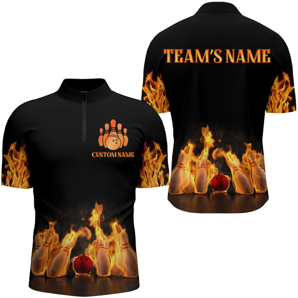 Custom Fire Bowling Shirt for Men, Flames Bowling Jersey with Name League Bowling Quarter-Zip Shirt NBZ174