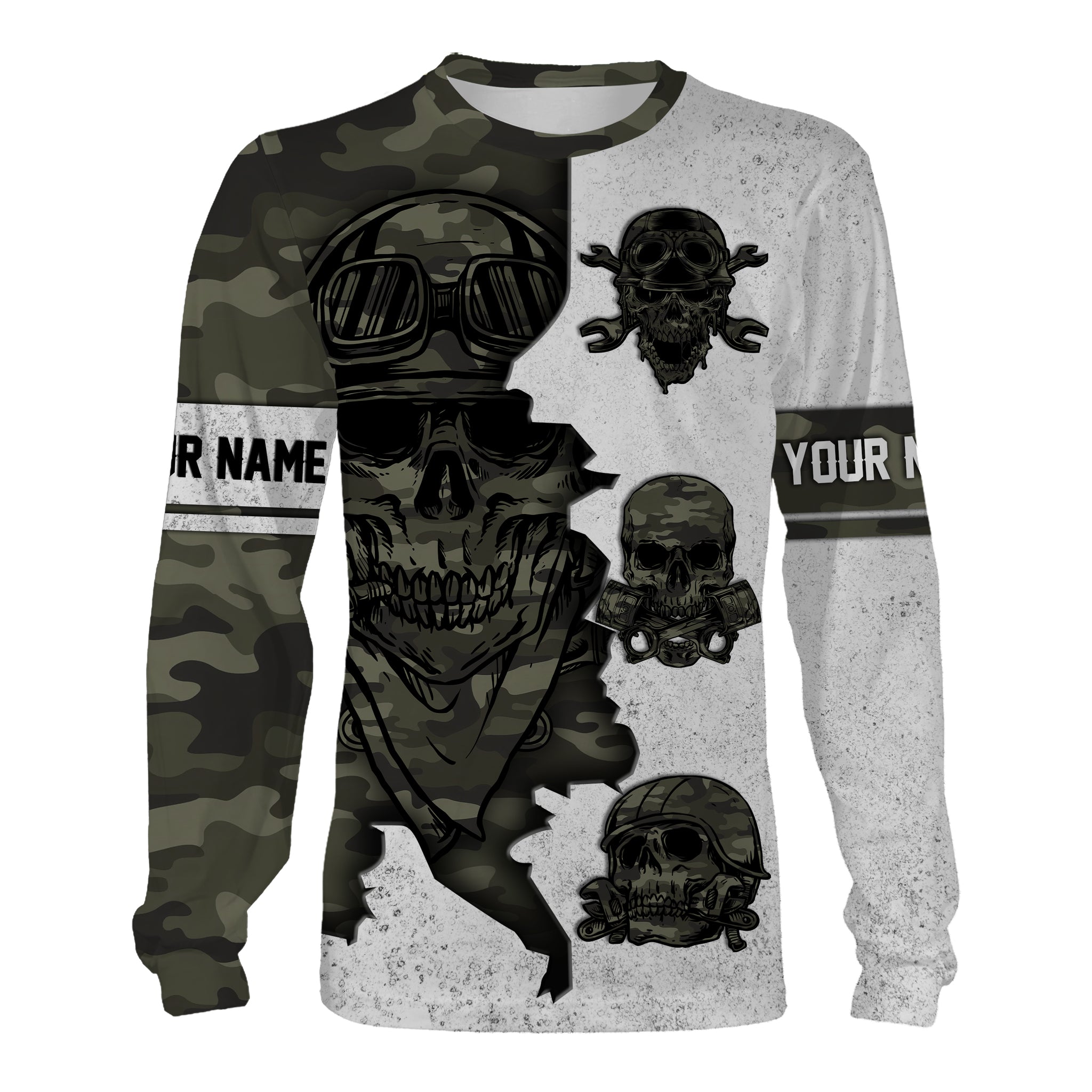 Skull Biker Personalized Long Sleeves Hoodie T-shirt, Camo Print Off-road Racing Motorcycle Shirt| NMS306