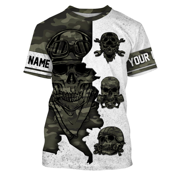 Skull Biker Personalized Long Sleeves Hoodie T-shirt, Camo Print Off-road Racing Motorcycle Shirt| NMS306