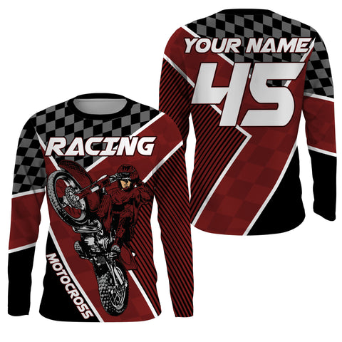 Motocross Racing Jersey Personalized  UPF30+, Motorcycle Red Dirt Bike Racing Off-Road Riders Racewear| NMS433