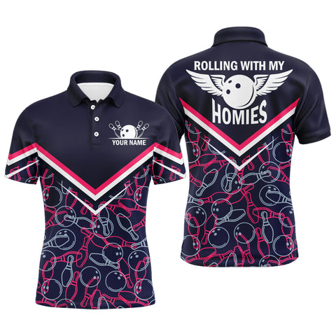 Rolling with My Homies Personalized Bowling Polo Shirt for Men, Bowling Pattern Jersey Short Sleeve NBP135