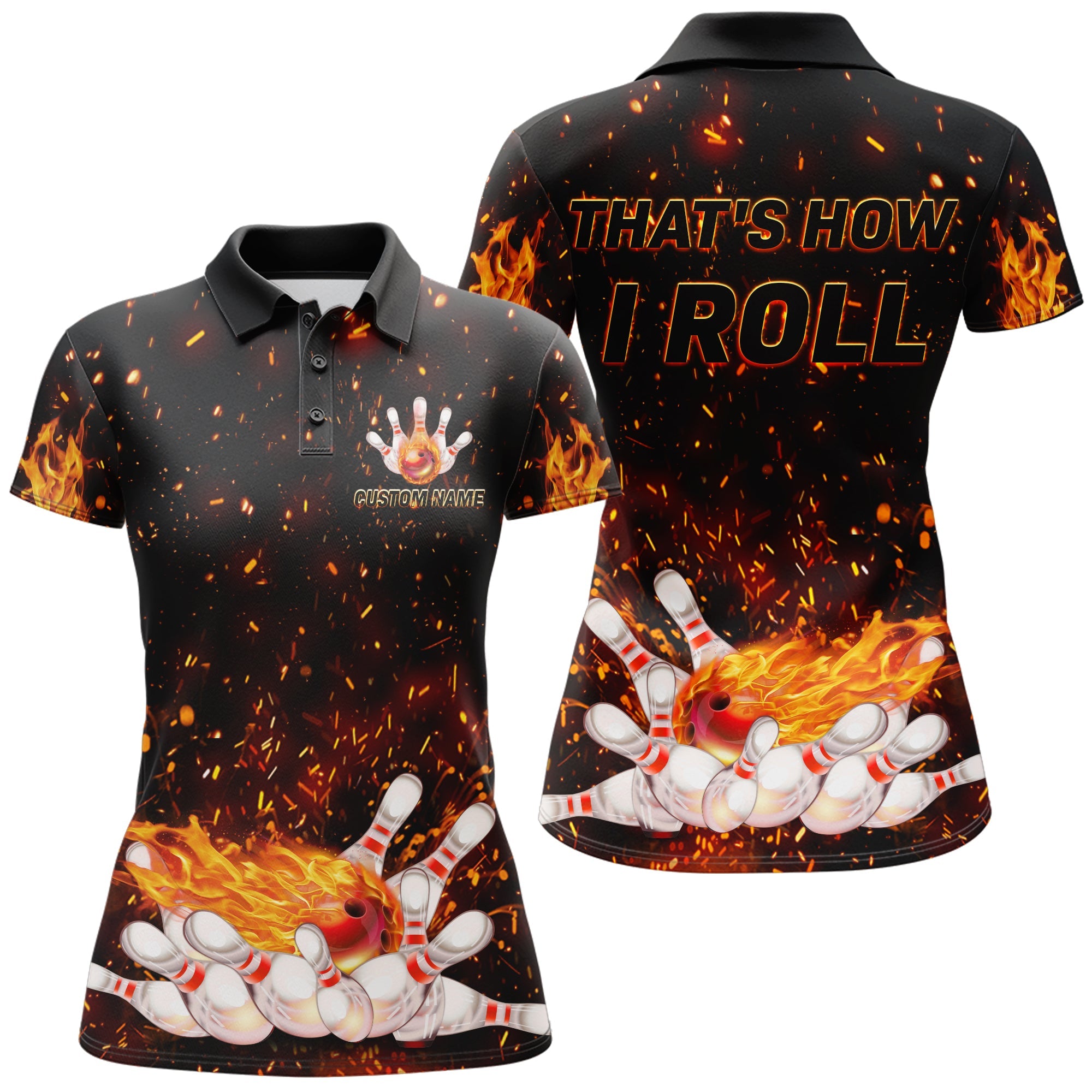 Flame Bowling Polo Shirt for Women, Personalized Black Bowling Jersey for Female Bowlers NBP139