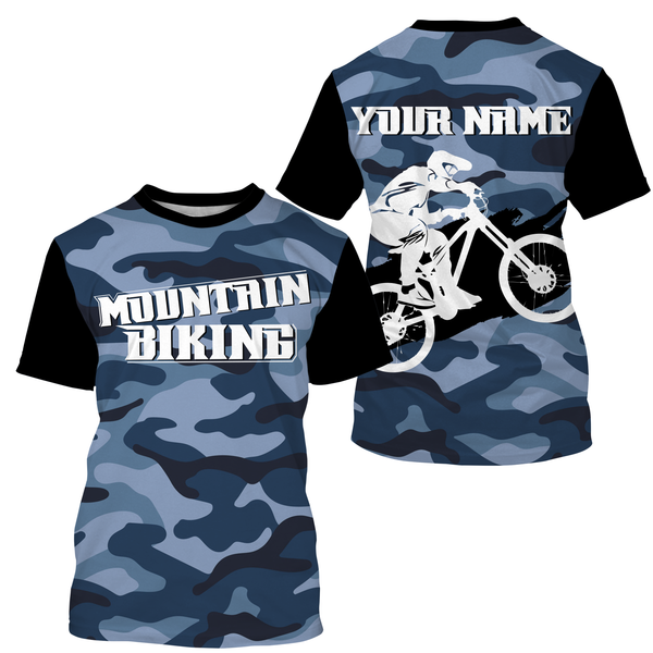 Unisex Mountain Biking Jersey - Custom Name Blue Camo MTB Jersey Cycling Shirt for Cyclist Bike Riders JTS415