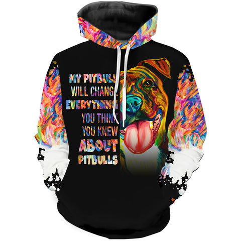 Watercolor Pitbull All Over Print Shirt| Love Pitbull Long Sleeve Hoodie for Dog Lover Pitbull Lover| JTSD303