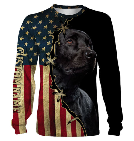 Labrador Retriever All Over Print T-shirt Long Sleeve Hoodie| Custom USA Flag Black Labrador Shirt| JTSD285