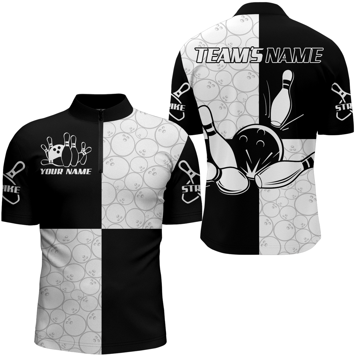 Black&White Bowling Shirt for Men Custom Bowling Team Jersey League Quarter-Zip Shirt QZT101