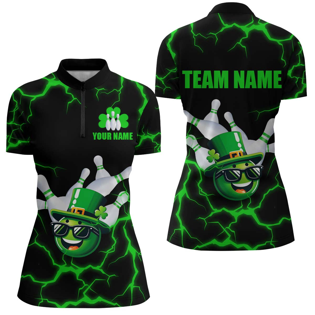 Personalized Bowling Patrick Day Shirt for Women Lucky Bowling Team Jersey Green Bowling Quarter-Zip QZT220