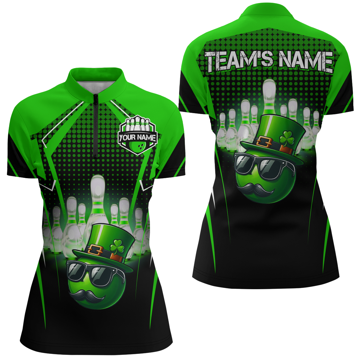 Lucky Bowling Shirt for Women Custom Green Quarter-Zip Shirt St. Patrick Day Bowling Shirt QZT223
