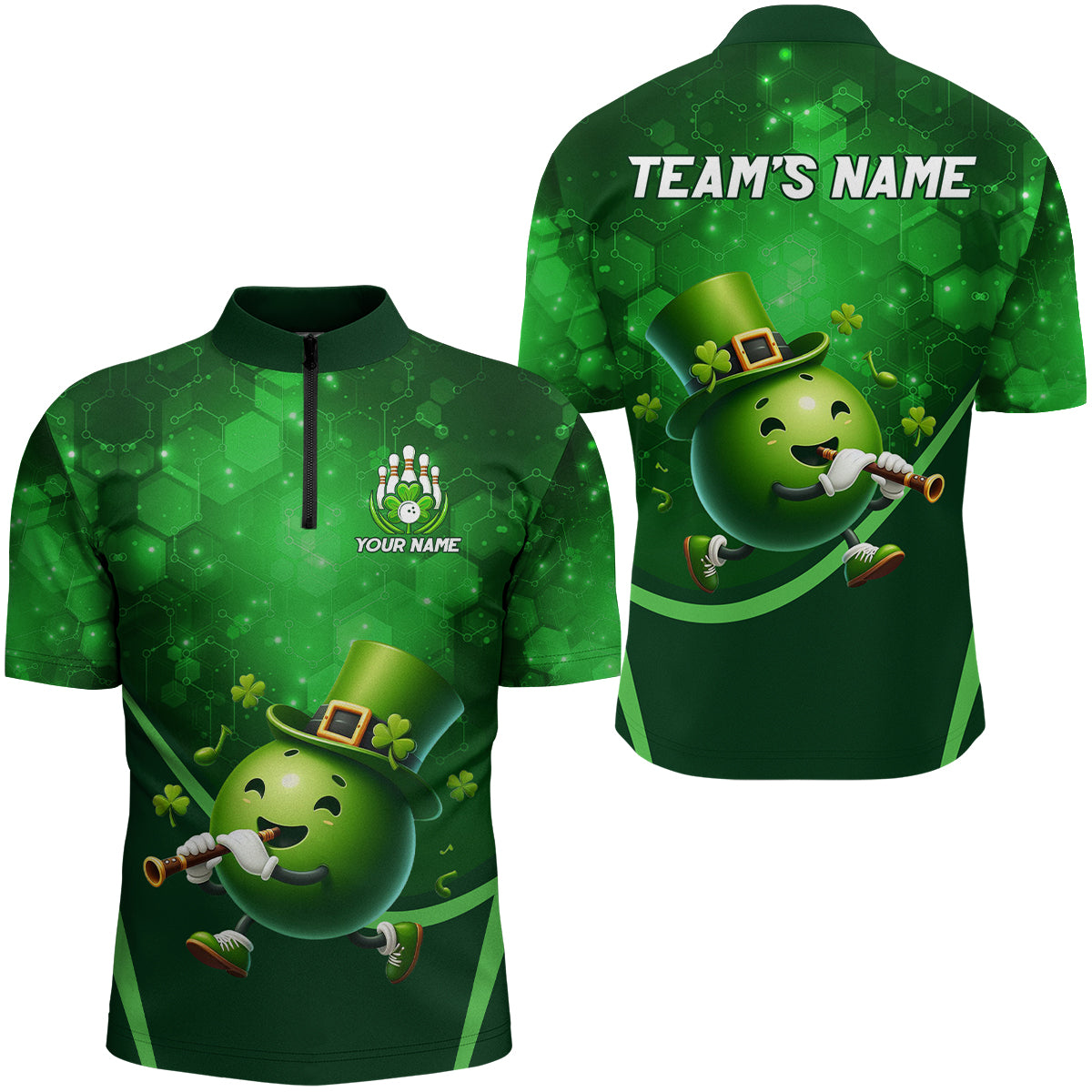 Lucky Bowling Shirt for Men St. Patrick Day Bowling Shirt Custom Green Quarter-Zip Team Shirt QZT219