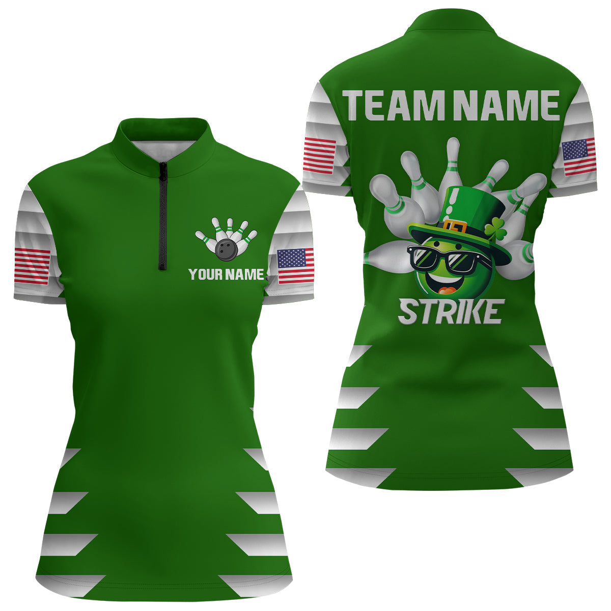 Lucky Bowling Shirt for Women St. Patrick Day Bowling Shirt Custom Green Quarter-Zip Team Shirt QZT221