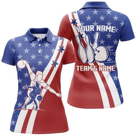 American Flag Bowling Jersey For Women Personalized Bowling Polo Shirt Patriotic Bowling Team Shirt BDT32