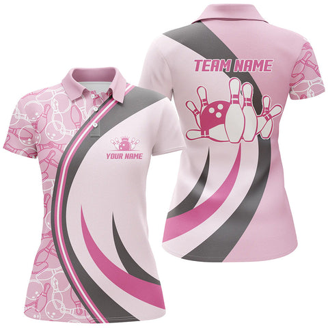 Custom Bowling Polo Shirt For Women Seamless Pattern Pink Bowling Jersey Ladies Bowling Team Shirt BDT102