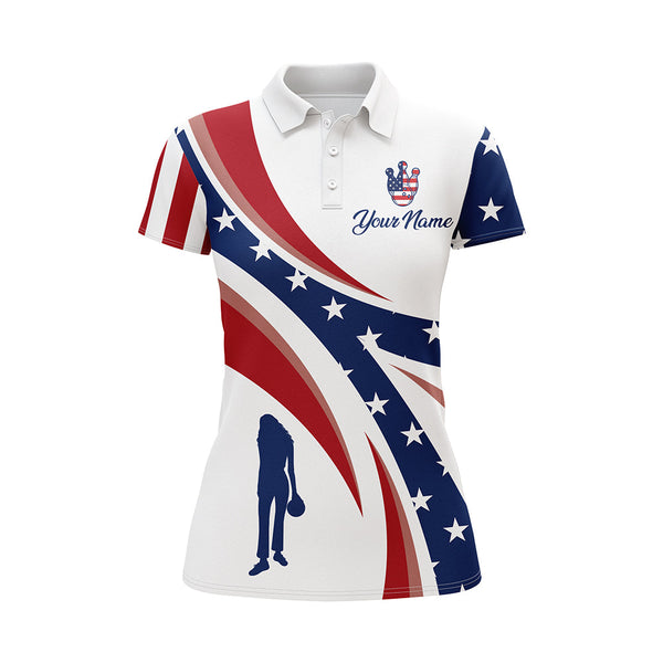 Custom Bowling Polo Shirt Women American Flag Bowling Team Jersey Patriotic Bowling League Shirt BDT123